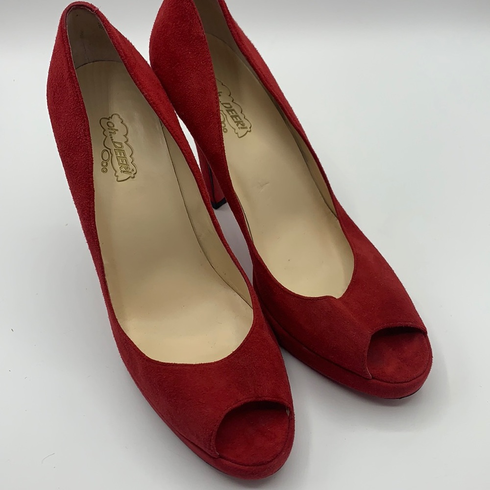 OH DEER!  Red Suede Peep Toe Heels